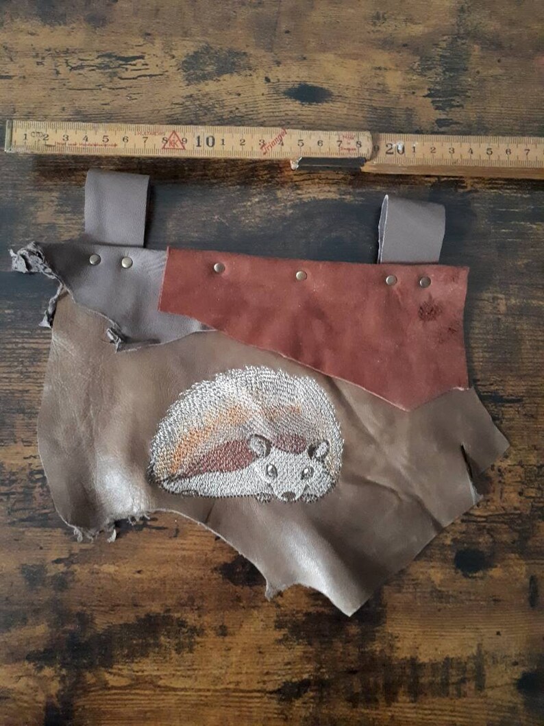 Brown leather mini banner with hedgehog embroidery fantasy larp costume nature ranger druid accessory lrp animal cosplay woodland creature image 1