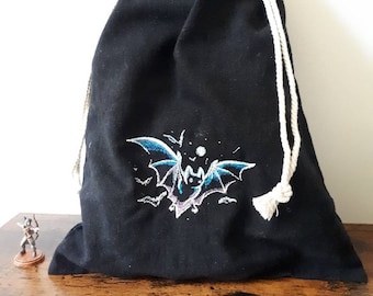 Cotton Halloween bag with bat embroidery larp drawstring pouch cosplay accessory vampire DnD dice bag dungeons & dragons favour treat bag