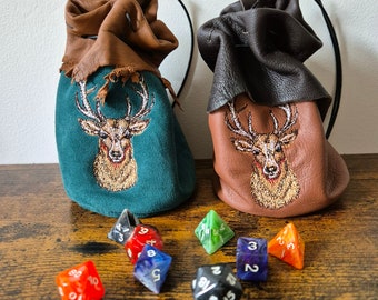 Large leather dice bag with stag embroidered larp pouch dnd tabletop accessory for dungeons and dragons rpg fantasy costume ren fair hare