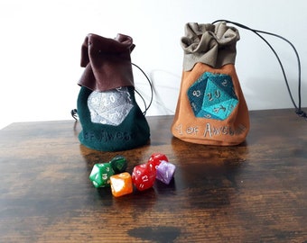 Large leather dice bag rpg gamer d20 embroidery larp pouch tabletop dungeons dragons geek nerd gift fantasy pathfinder roleplaying accessory