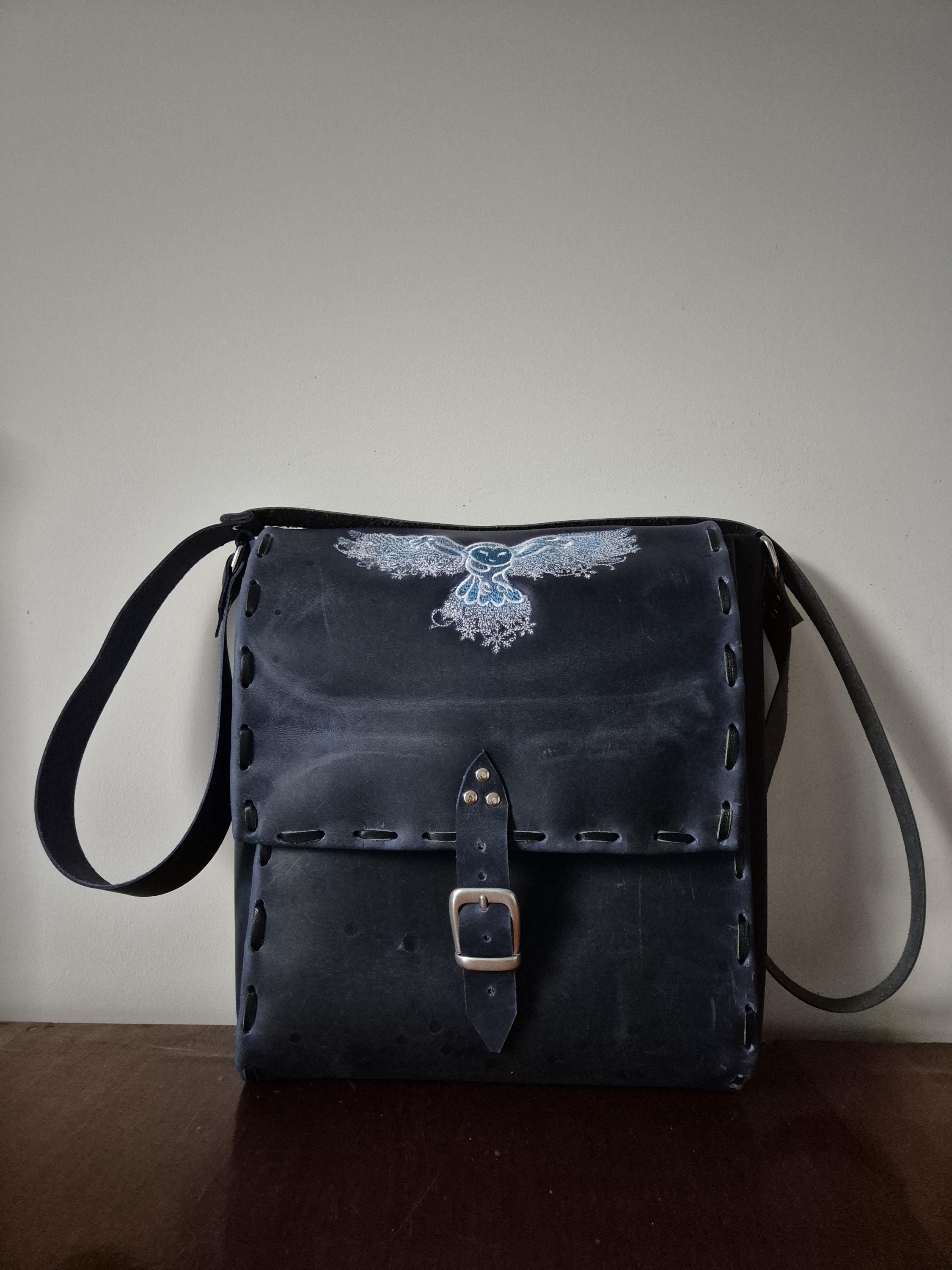 Blue Leather Shoulder Bag: Owl Embroidery, LARP Costume, Festival Clothing