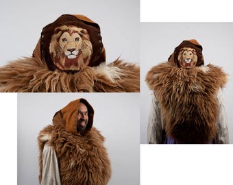 Larp large leather hood lion embroidery fantasy barbarian warcraft cosplay hunter armor ren faire costume fur mantle cold weather clothing