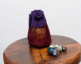 Large leather dice pouch with kitsune embroidery larp bag dungeons and dragons rpg gamer gift Japanese fantasy cosplay costume nine tail fox