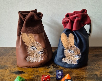 Large leather dice bag with rabbit embroidered larp pouch dnd tabletop accessory for dungeons and dragons rpg fantasy costume ren fair hare