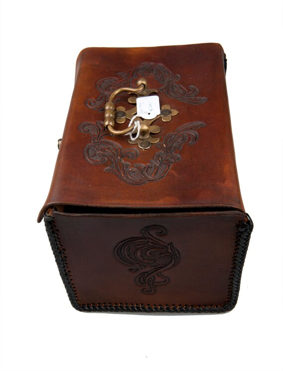 Brown Leather Box With Embossed Flourishes Handle and Hook Closure