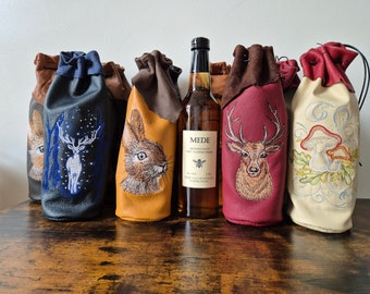 Larp leather wine bottle bag costume accessory for cosplay medieval fantasy water carrier coffee tea thermos tote embroidered cottagecore