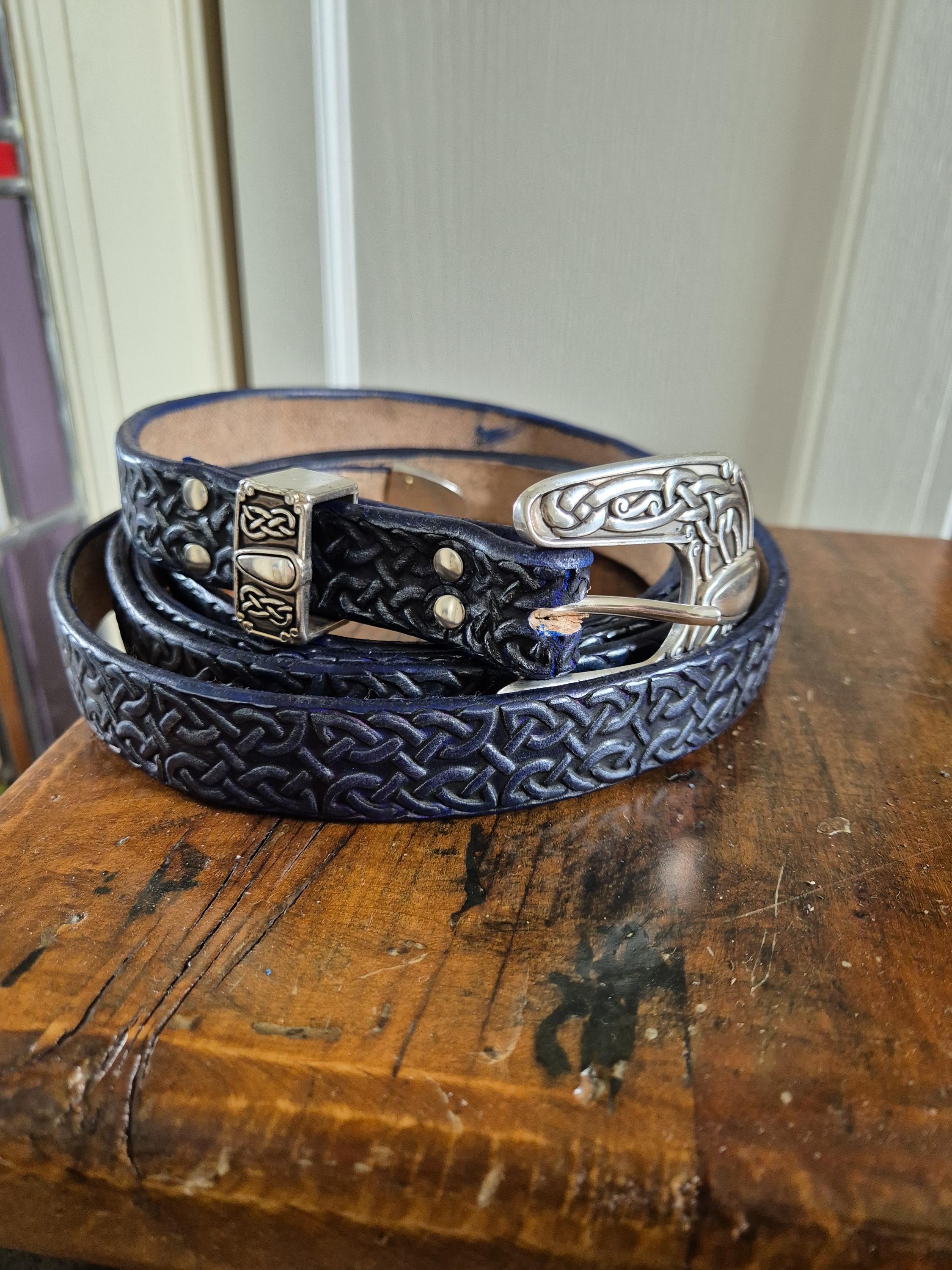 Extra Long Leather Belt With Celtic Knot or Dragon Design 