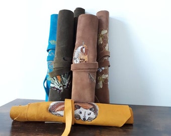 Soft leather scrollcase with embroidery for larp costume cosplay accessory medieval fantasy renaissance faire sca scribe roll paper cover