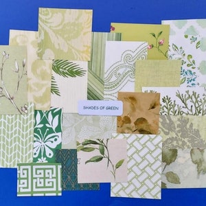 May include: A collection of 16 different green patterned paper squares with the text "Shades of Green" on a white label.