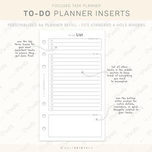 PRINTED Personal A6 To-Do List Planner Inserts, 30 Sheets, Daily Checklist for 6-Ring Binders, Minimalist Productivity Planner, A6 Refills