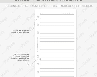 Printed A6 Lined 28 Planner Inserts: 6-Hole Binder Refills