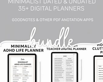 35+ Minimalist Digital Planner Bundle, ADHD, Self-Care, Productivity (PDF)