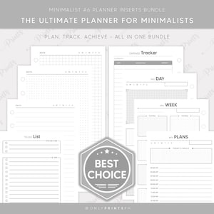 Puede incluir: Un conjunto de insertos de planificador A6 imprimibles para una organización minimalista. Los insertos incluyen una lista de tareas, un rastreador de gastos, páginas diarias, semanales y de planificación. El texto "PLAN, TRACK, ACHIEVE - ALL IN ONE BUNDLE" está en la parte superior de la página.
