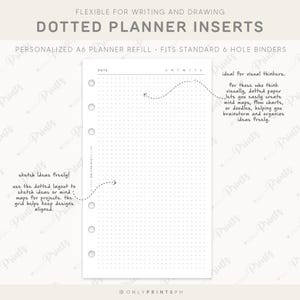 Puede incluir: Una hoja de inserción de planificador A6 blanca con un diseño de cuadrícula punteada. La inserción está diseñada para escribir y dibujar, e incluye el texto "sketch ideas freely!" y "ideal for visual thinkers."