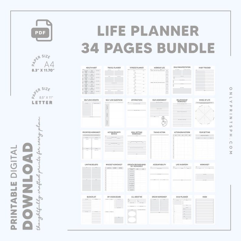 Whole Shop Bundle Lifetime Access! Minimalist Digital Printable Planner Pages Bundle, PDF Daily Monthly Productivity Planner Inserts Refill!