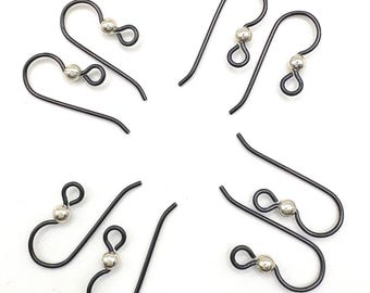 Two Pairs Niobium French Hook Black Ear Wires with Sterling Silver Bead