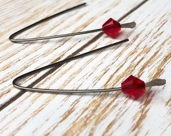 Modern "V" Shaped Niobium Ear Wires with Red Swarovski Crystal
