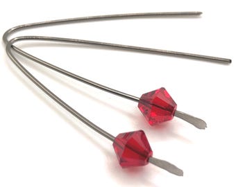Modern "V" Shaped Niobium Ear Wires with Red Swarovski Crystal