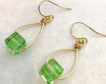 Cheerful Peridot Swarovski Cubes and 14K Gold Ear Wire Earrings. August Birthstone.