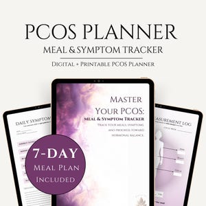 Peut inclure: Un planificateur numérique PCOS affiché sur trois tablettes. Le planificateur comprend un suivi des repas et des symptômes, un plan de repas de 7 jours et un journal de mesure. Le texte à l'écran indique "Master Your PCOS: Meal & Symptom Tracker."