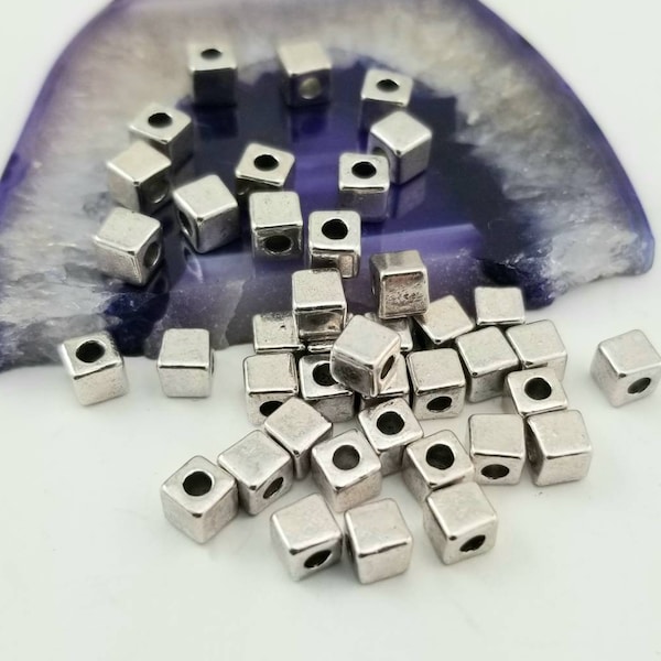 24 square silver beads jewelry craft beads 4mm x 4mm x4mm large hole cube metal beads no lead no nickel