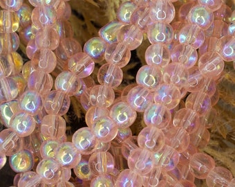 Salmon Pink AB Color Plated Round Beads, Pink Iridescent Glass Beads, 4mm, 1 Strand