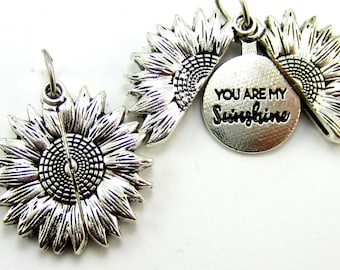 Silver pendant you are my sunshine, sunshine pendant, flower pendant, sunflower charm, necklace pendant
