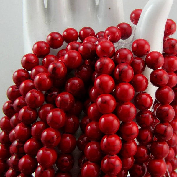 1 Strand Deep Red Round Howlite Beads, Red Turquoise Spacer Beads, Natural Beads, 8mm or 6mm