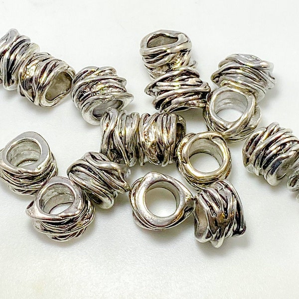 12 Metal beads silver wrap textured spacers beads large hole 15x11mm: Hole 8mm