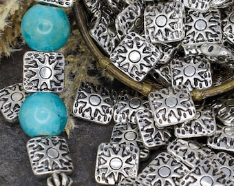Antique Silver Sunburst Square Spacer Beads - Silver Celestial Beads - Square Metal Beads - Qty 18