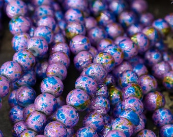 50pcs Blue Lavender Drawbench Glass Beads - Purple Spacer Beads with Gold Accents - Marbled Glass Beads for Jewelry Making