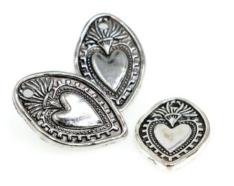Antique Silver Sacred Heart Pendant, Radiant Heart Charm, Boho Jewelry Making Supply, 27.5mm