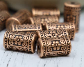 Red Copper Spacer Tube Beads, Floral Pattern Bead, Textured Large Metal Beads large, Qty 6