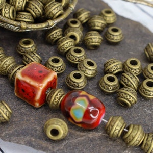Patterned Bronze Metal Beads, Large Hole Spacer Beads, Boho Textured Design