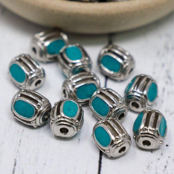 Handmade Indonesian Silver and Teal Spacer Beads, Ethnic Jewelry Beads, Qty 10