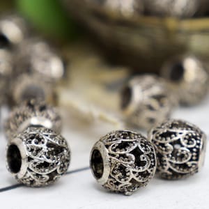 Filigree Open Cutout Metal Beads, Antique Silver Metal Spacer Beads, Large Hole Beads, DIY Findings - Qty 18
