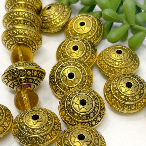 Large Antique Golden Tibetan Saucer Spacer Beads, Focal Beads, Qty 6