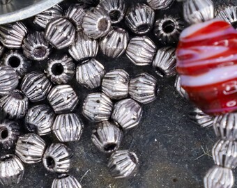 Antique Silver Bicone Ribbed Bead - Silver Metal Bead - Jewelry Spacer Bead - Qty 30