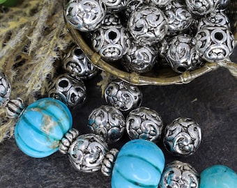 Antique Silver Tibetan Style Spacer Beads - Silver Spacer Jewelry - Patterned Silver Beads - Qty 12