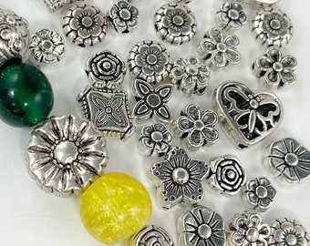 50 Mixed Antique Silver Various Beads, Various Sizes