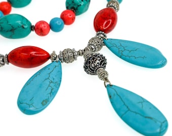 Turquoise Howlite & Red Beaded Necklace Set, Layered Boho Southwestern Statement Necklaces, Handmade Jewelry