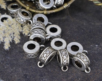 Patterned Large Hole Bail Beads in Antique Silver, Pendant Hanger Spacer Beads, Qty 18