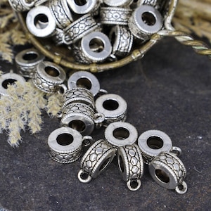 Patterned Large Hole Bail Beads in Antique Silver, Pendant Hanger Spacer Beads, Qty 18