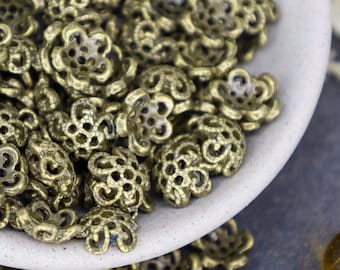 Floral Filigree Bronze Bead Caps, Bronze Metal Bead Cap, Metal Jewelry Findings, Qty 24