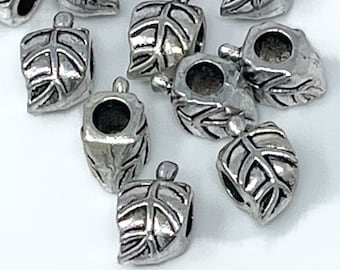 12 Leaf Beads antique silver large hole spacer hanger beads jewelry making supplies 15mm x 9mm