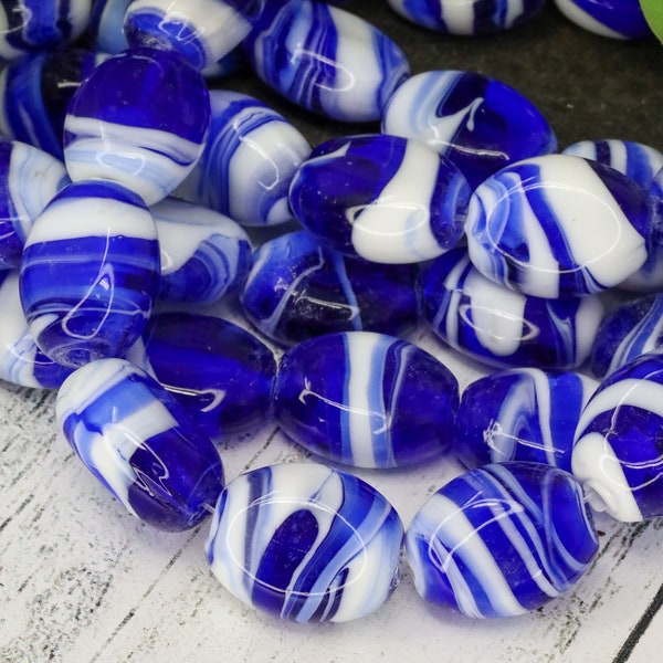 12 Vibrant Blue Swirled Oval Lampwork Glass Spacer Beads, Oval Glass Spacer Beads, Blue-White Glass Beads, Focal Beads, 21mm