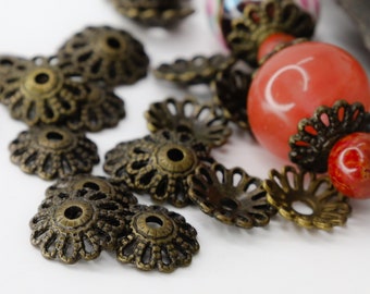 Floral Antique Bronze Bead Caps - Bronze Metal Bead Caps - Large Bead Spacer - Qty 18