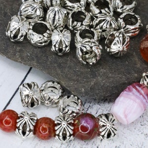 18 Antique Silver Floral Spacer Beads, Silver Flower Metal Beads, Large Hole Silver Beads