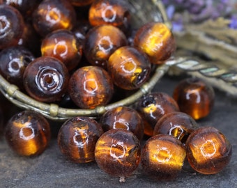 Silver Foiled Amber Glass Spacer Beads, Root Beer Brown Lampwork Beads, Amber Glass Bead, Qty 18