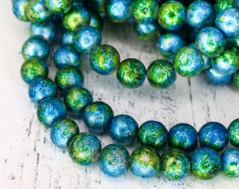 Drawbench Blue, Green, Gold Glass Beads - Qty 50; Spray Painted Glass Spacer Beads, Blue Glass Beads